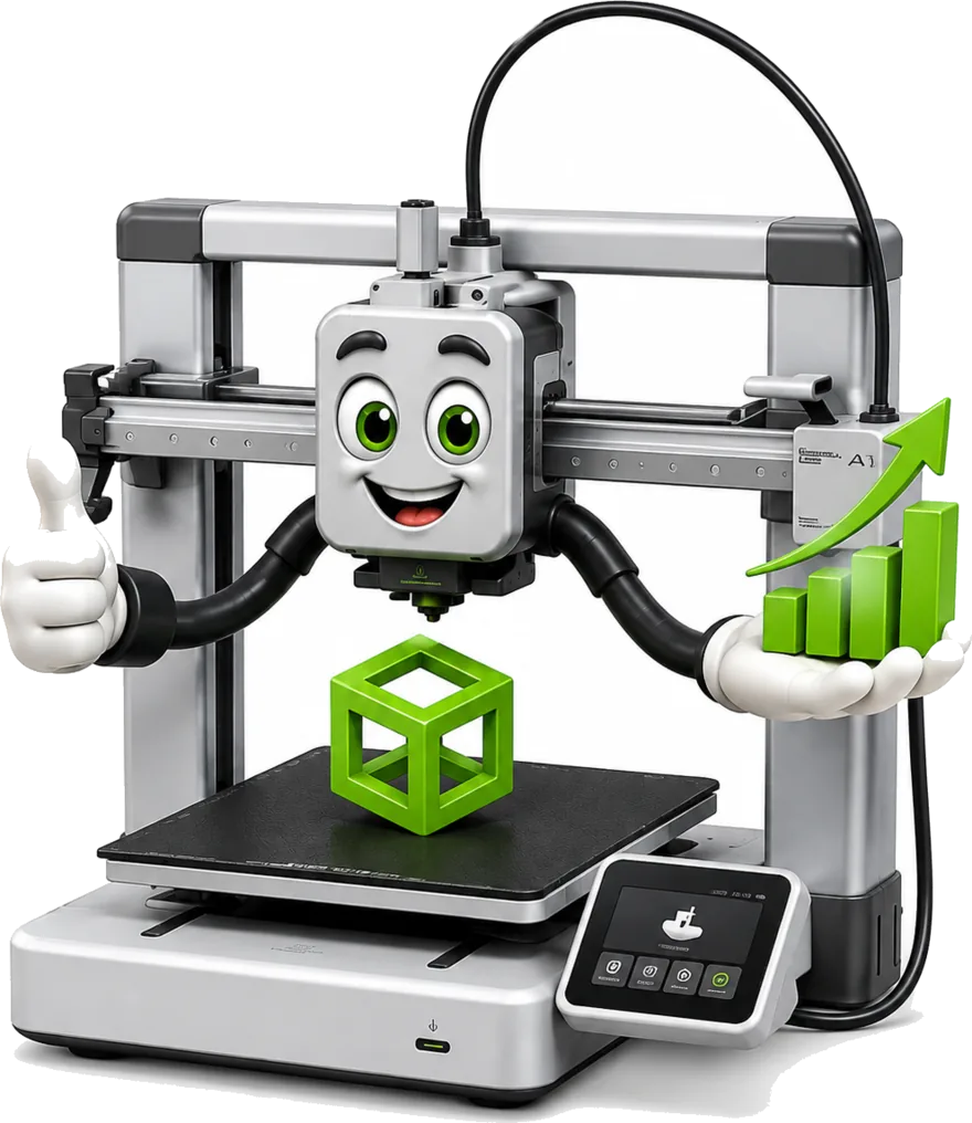 Impressora 3D sorridente com o polegar levantado, segurando um gráfico de barras em crescimento e imprimindo um cubo verde